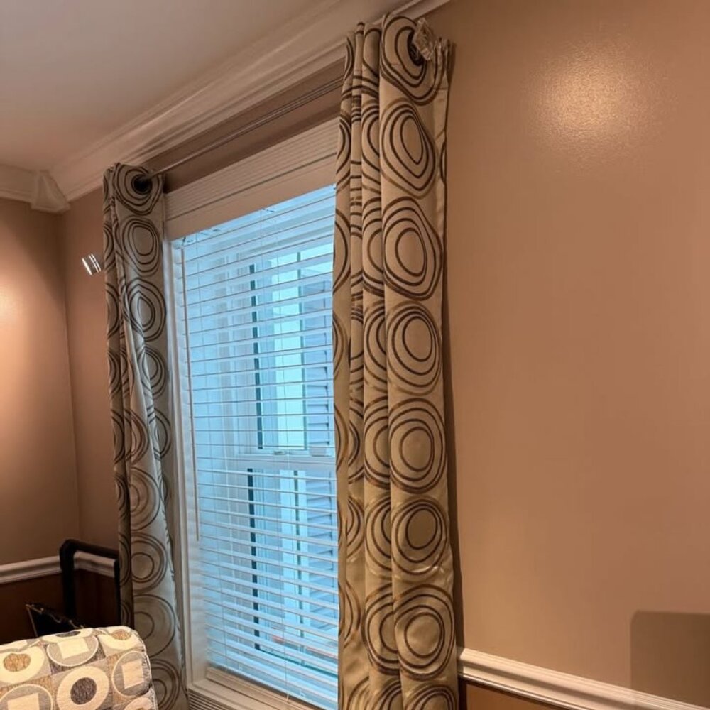 2 Beige 54W x 84L Background with Brown and Light Brown Circles LINED Drapes.